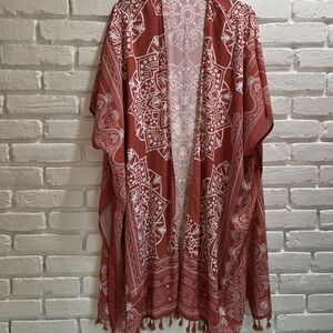 Boho Rust & White Mandala Kimono Cover-Up/ Duster